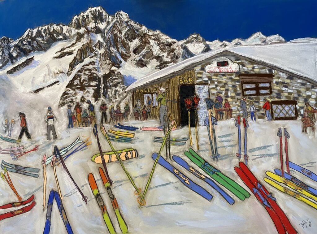 Chez Croux, soft pastels painting by Martina Diez-Routh. A stop for lunch with beautiful Monte Bianco in the background. On sale in my shop here.