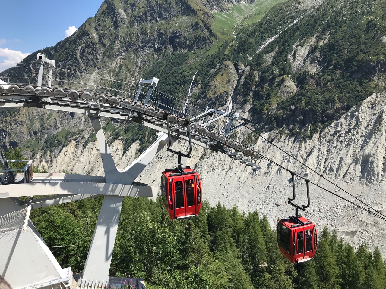 Montenvers gondola, that takes you to the beginning of the 450 steps down to the ice cave in the Mer de Glace, up from Chamonix. 