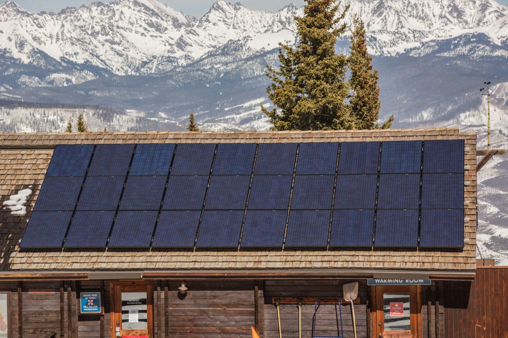 Beaver Creek solar panel. Vail Resorts Announces Long-Term Wind Energy Contract And Plan To Eliminate Conventional Single-Use Dining Plastics In Its ‘Commitment To Zero’. Photo: Vail Resorts.