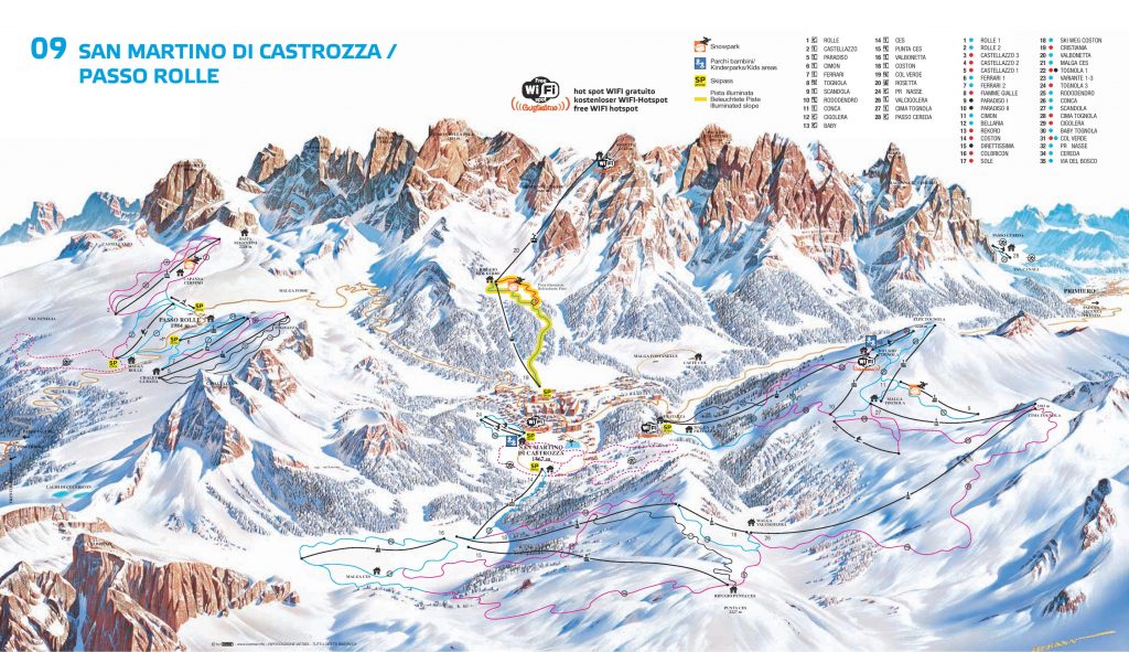 Ski map of Passo Rolle and San Martino di Castrozza. The Ferrari Chairlift has been reopened in record time at Passo Rolle, after being sabotaged.