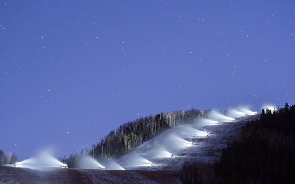 Snowmaking. Photo: Aspen Skiing Company. ASPEN SKIING COMPANY RELEASES 2018 SUSTAINABILITY REPORT In the style of Stan Lee.