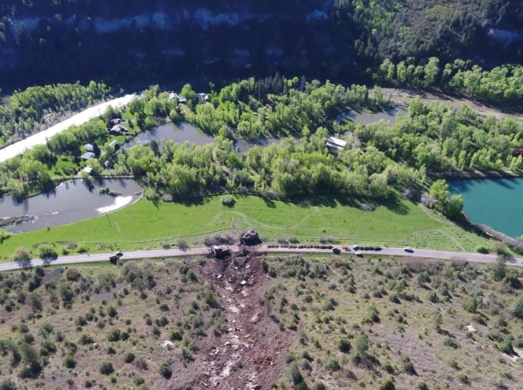 An aerial image of the road obstruction. Photo: CDOT. A Rockslide, with a boulder of a size of a house, wiped out a section of the highway in SW Colorado