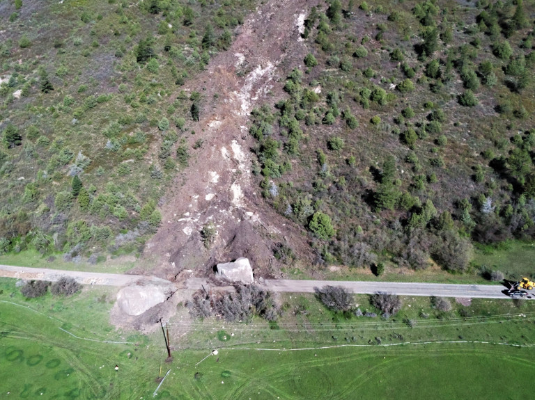 Another aerial picture of the rock slide. Photo: CDOT. A Rockslide, with a boulder of a size of a house, wiped out a section of the highway in SW Colorado.