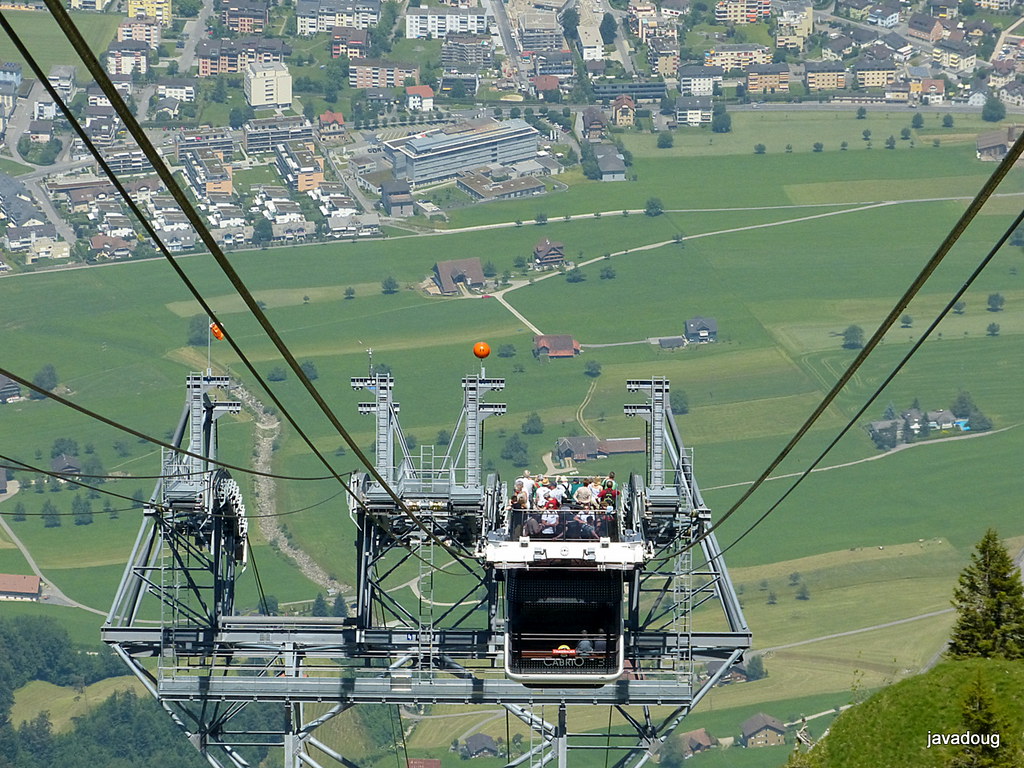 Top of Mount Stanserhorn, Lucerne, CabriO Bahn with open-air upper deck, funicular railway. Stranded tourists heli-ported after Stanserhorn CabriO cable car breakdown.