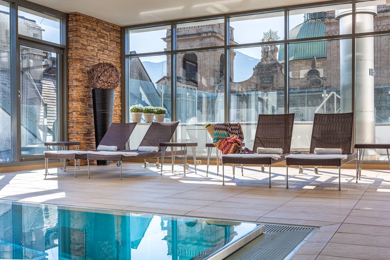 Pool in the spa of the Hotel Graeur Bär in Innsbruck. For fanatics of Architecture, plan your multi-stop visit to Austria post Covid19.