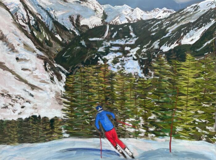 Skiing in La Thuile- Soft Pastels, Pan Pastels, Pastel Pencils and Charcoal on La Carte Pastel. 60 x 80 cm. In my shop!