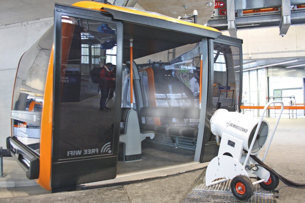 A cablecar in Stubai is cleaned by the Demaclenko disinfectant fan machine. Photo: Demaclenko. Demaclenko is launching a new way to clean cablecars on the go.