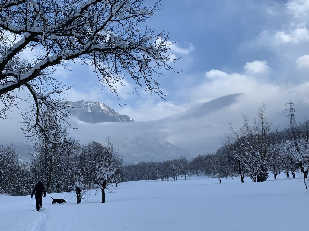 Walking with the dog in Pautex, Valdigne, Valle d'Aosta. Our Winter Gate-away to the Mountains - no skiing included.