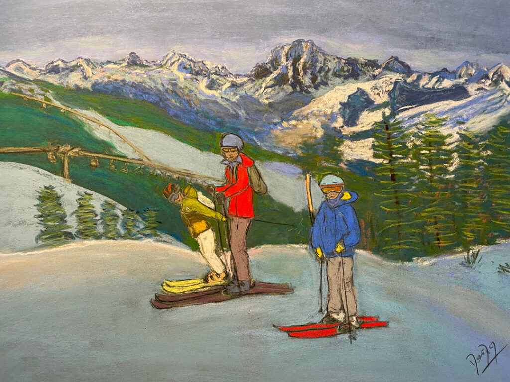 Father and Sons skiing in Pila piste 15. One of my paintings of Pila. Check it out in the shop here. 