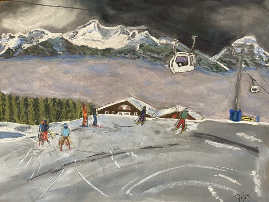 Kids skiing towards Chamole. One of my paintings of Pila. In my shop here. 