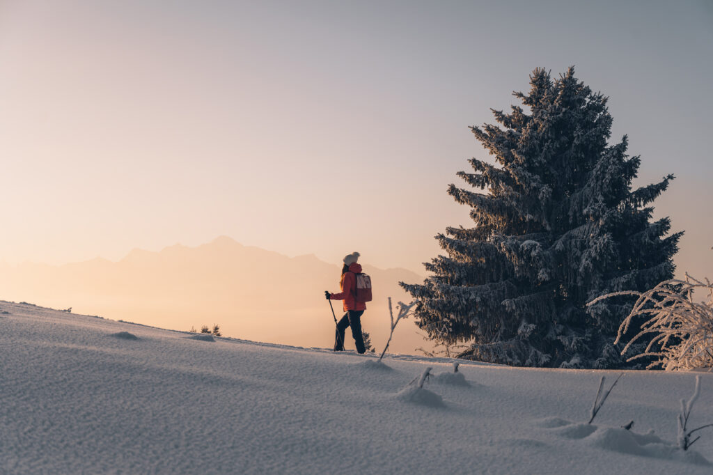 Snowshoeing at dusk or dawn. One of the guided activities you can pre-book now for your Les Gets trip. Photo: Max Coquard. Les Gets Tourisme. Plan your holiday to Les Gets this winter. 