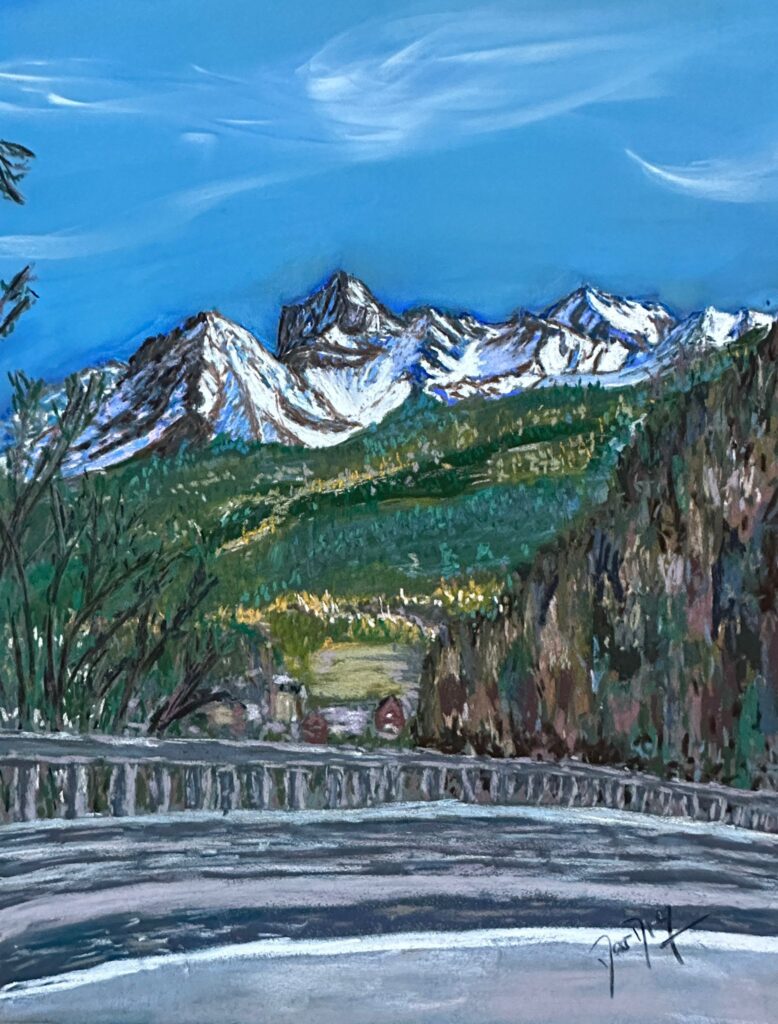 Monte Emilius and Becca di Nonna, a sight you see when you come out of the Valdigne o Valley of the Monte Bianco towards Aosta, if you are then taking the Grand St Bernard tunnel to return to Switzerland and then the UK. You can see this painting in my shop here. 