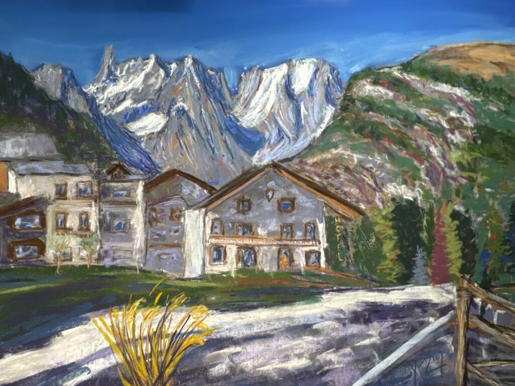 Dolonne, a new painting by myself of the beautiful hamlet of Courmayeur, with great views of the Catena di Monte Bianco (here you can see the Dente del Gigante and the Grandes Jorasses). See it in my shop here. 