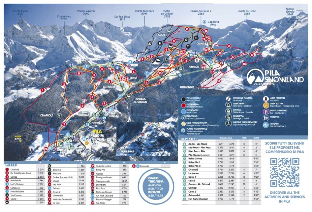 The new ski map of Pila with its cable car replacing the old double Couis 1 on the top, and the skiweg connection from the top of Couis 1 to Couis 2. Courtesy: Pila Spa.