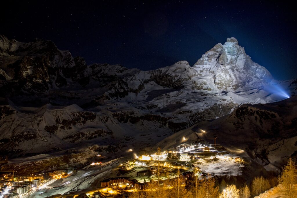 The Gran Becca (Cervino) illuminated at night. Photo Nicola Cornero- Cervino Ski Paradise. Today New opening on Breuil Cervinia