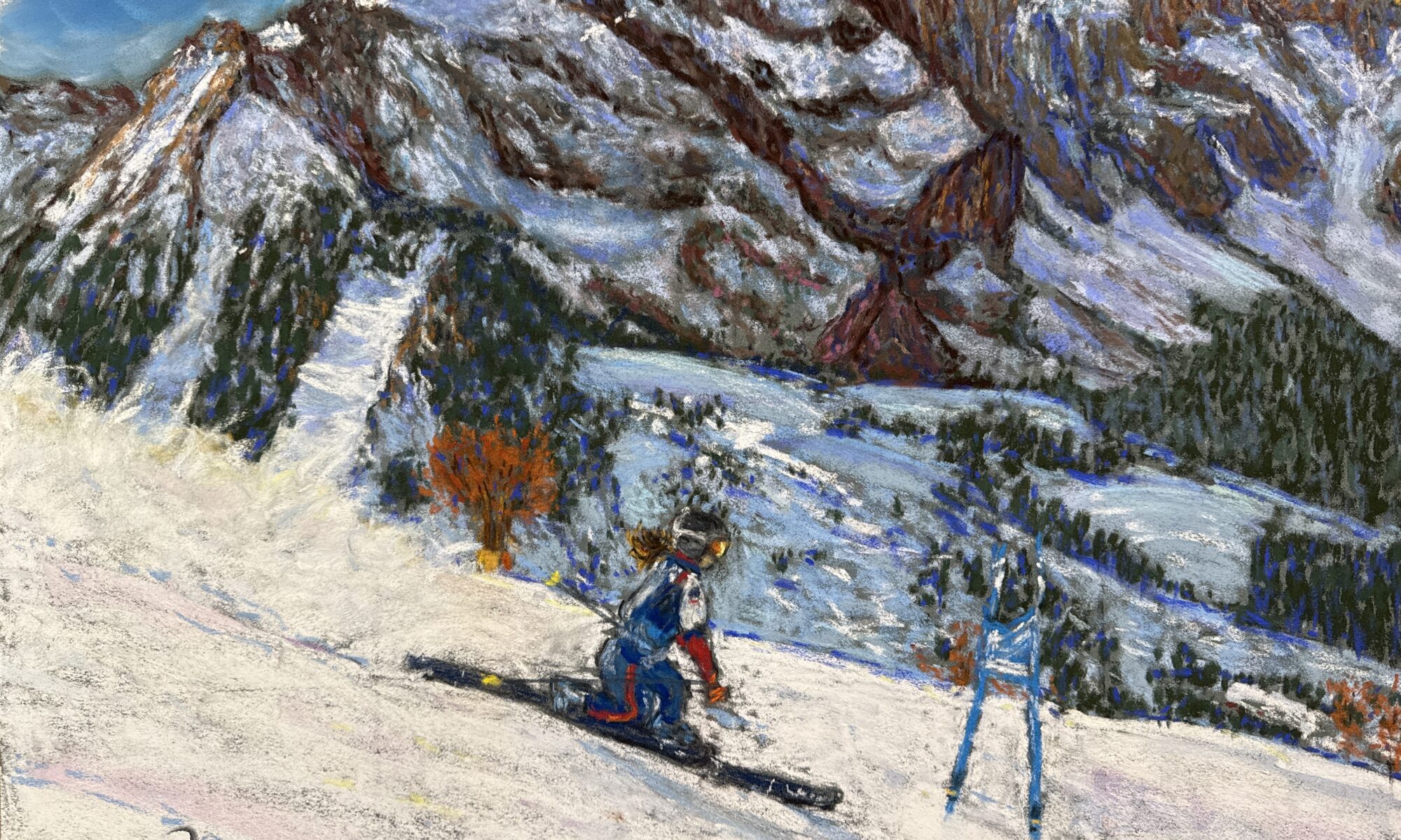 GB Telemark Champion Jasmin Taylor skiing in Carezza. A painting by Martina Diez-Routh. Win your commission registering to my newsletter here.